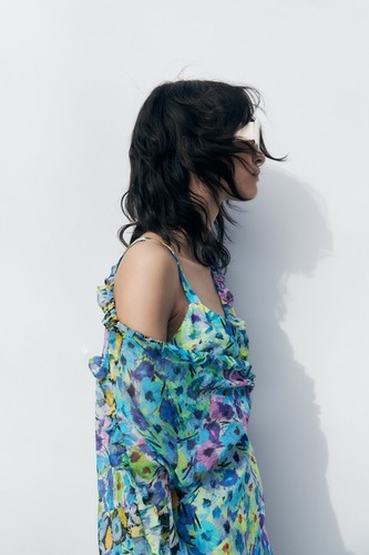 ZARA FLORAL PRINT DRESS SUMMER WEDDING GUEST BLUE TEA SLIT MIDI S SMALL 8 4 36 - Picture 10 of 13
