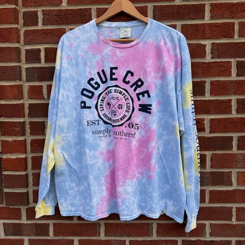 T-shirt Simply Southern Pogue Crew taille XXL rose bleu tie dye pop culture outerbanks