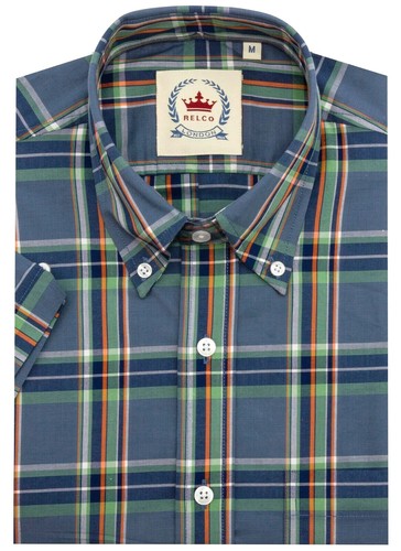 Camisa a Cuadros Relco Para Hombres Gris Manga Corta Cuello Abotonado Tartán Retro De Colección - Imagen 2 de 9