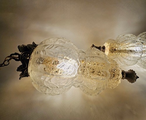 Lampadario vintage vetro trasparente crepitio swag luce sospensione soffitto MCM catena anni 80 - Foto 13 di 21