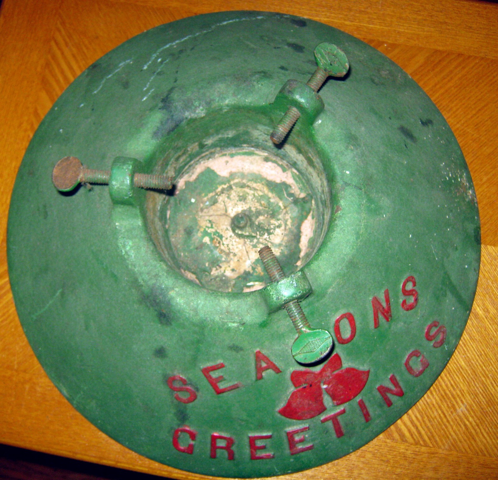 Vintage antique Green Cast Iron CHRISTMAS TREE STAND "SEASONS GREETINGS