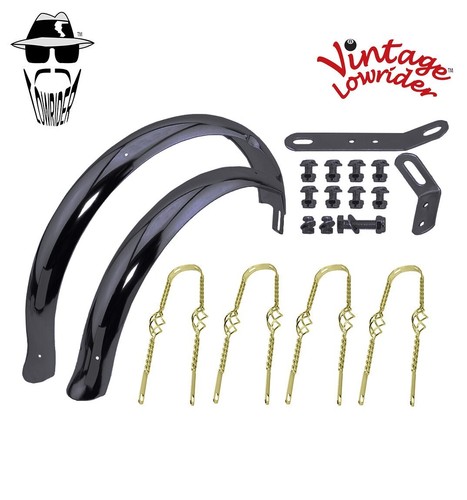 Vintage Lowrider 20" Flared Adjustable Ducktail Black Fenders W/Twisted Braces. - Picture 12 of 12