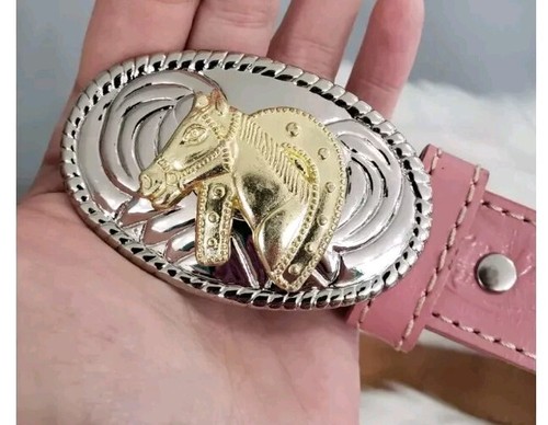 NOCONA WESTERN PINK LEATHER COWGIRL'S BELT & HORSE HEAD BUCKLE ~ SIZE 24 ~ NEW - Picture 6 of 8