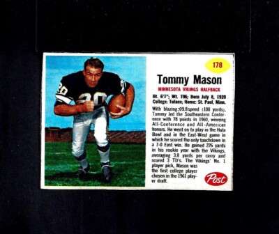 1962 POST CEREAL FOOTBALL #178 TOMMY MASON-1--VIKINGS-- NO CREASES--EX/MT