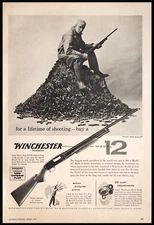 1957 WINCHESTER Model 12 Shotgun Gun Man Pile of Cartridges Vintage PRINT AD
