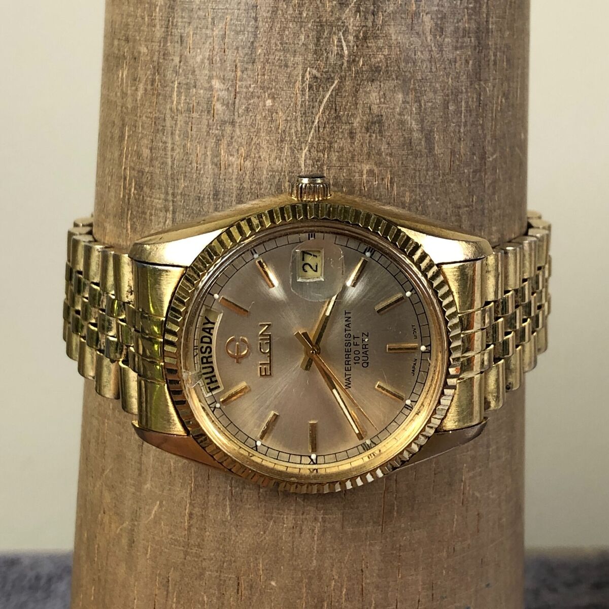 Elgin Men FC 400 Full Day/Date Presidential Gold Tone Fluted Elgin Men FC 400 Full Day/Date Presidential Gold Tone Fluted