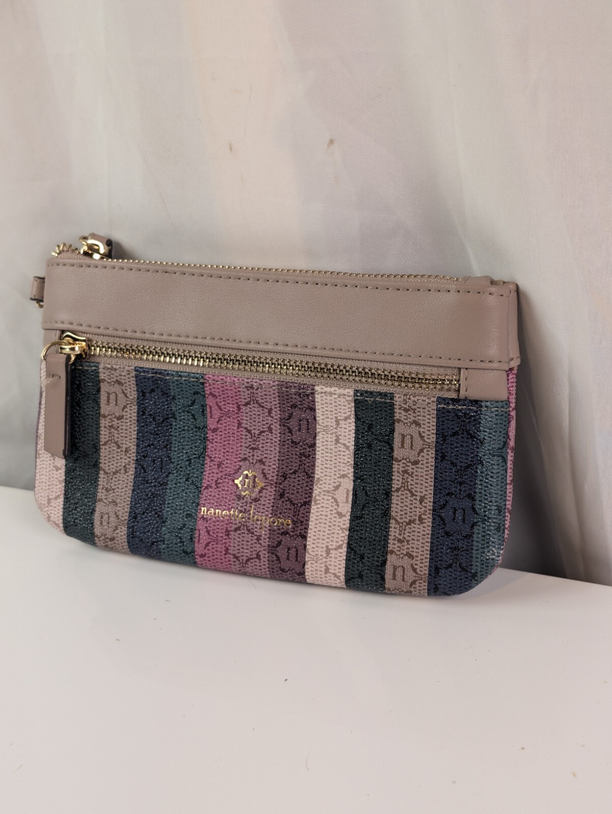 Nanette Lepore Women's Vegan Leather Clutch Wristlet Wallet Beige Pink Striped