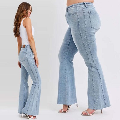 Judy Blue Mid Rise Rhinestone Side Panel Detail Flare Jeans 88895