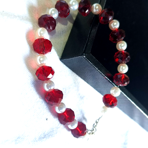 AAA Ruby Red & Pearl faceted round Bracelet Loose Beads Ruby Gem Glass Beads - Picture 2 of 3
