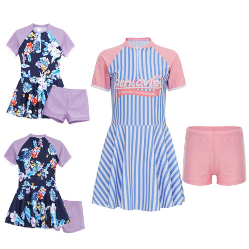 Kids Girls Suit Bikini Set Beach Outfit Dress Costume Swimwear Mock Neck Print - Photo 1 sur 32