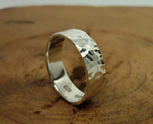 Hammered 925 Sterling Silver Band Handmade Statement Flat Band For Her All Size