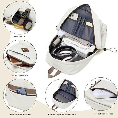 laptop backpack 15.6 inch anti theft travel backpacks for men and women Beige - Picture 4 of 6