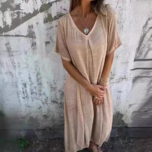 Abito donna estivo sexy scollo a V sciolto cotone lino manica corta tinta unita maxi - Foto 4 di 28