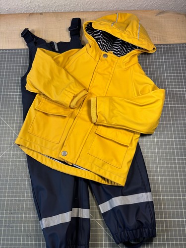 Regenkombi Regenjacke + Matschhose Latzhose Topomini Gelb Blau  80 NEUWERTIG