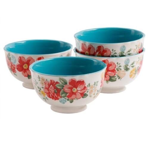 Juego de 4 cuencos con patas de gres verde azulado floral vintage apto para microondas - Imagen 2 de 10