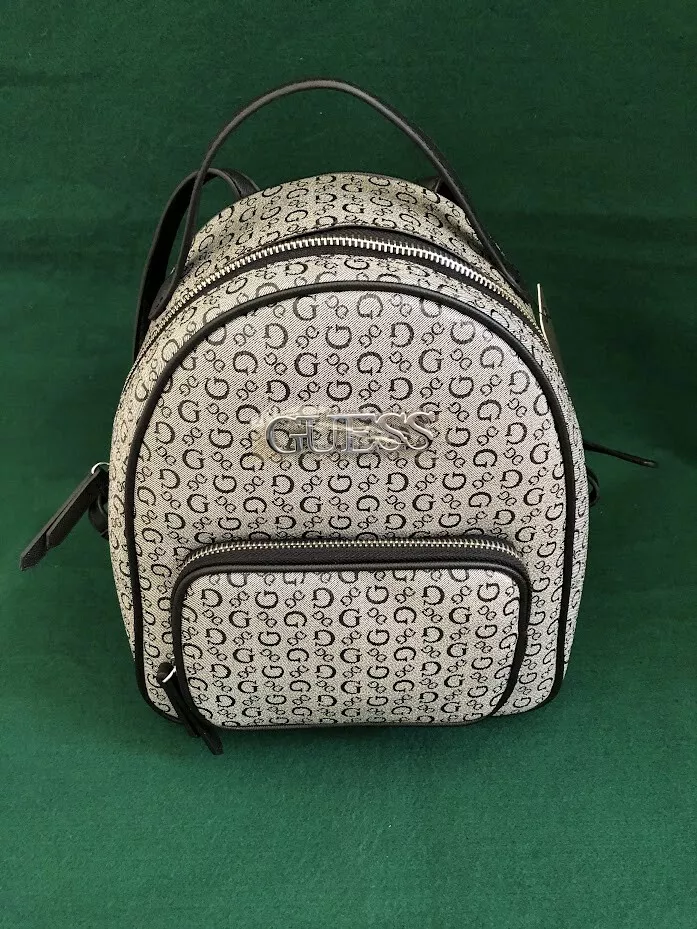 GUESS Mini Backpack Handbag Gray Logo Black trim front zippered pouch