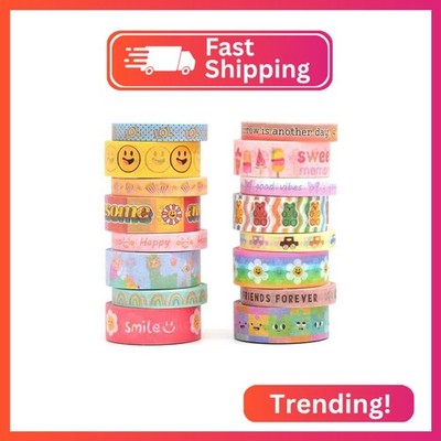 YUBX Cute Cartoon Washi Tape Set 16 Rolls Bright Colors Kawaii Masking Graphic D
