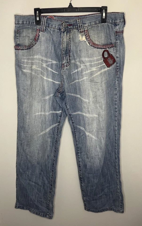 Jeans De Colección Y2K Miskeen Originales Hombres 36x32 Bordados Cerradura y Llave Hip Hop Calle Foto 3 de 4