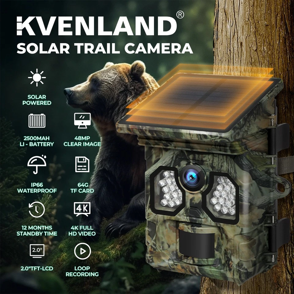 Kvenland Solar Hunting Camera 48mP 4K Wildlife Trail Game Cam 64GB Card Outdoor