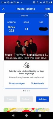2 Sitzplatz Tickets Muse Düsseldorf 25.11.2026