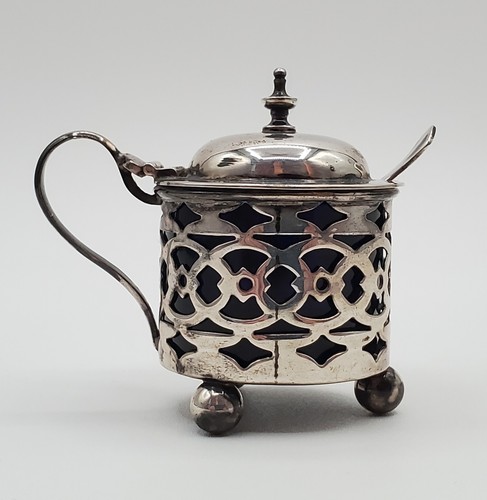 British Mustard Pot 41g Sterling Silver Cobalt Blue Glass Jar 925 Spoon Antique - Picture 12 of 24