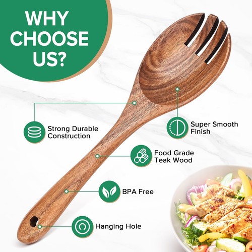 Wooden Spoons for Cooking, 2pcs Teak Salad Kit, Wooden Salad Servers, Wood Sa... - 第 3/7 張圖片