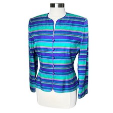 Vintage Adrianna Papell 100 Silk Striped Button Front Blazer 8 Green Purple