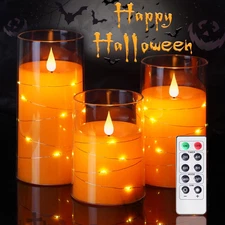 Halloween Orange Flameless Candles with String Lights, Battery Operated LED Cand