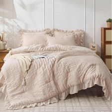 Comforter Set, 3 Pieces Seersucker Comforters Size, Lightweight  King Beige