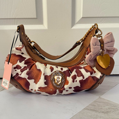 Juicy Couture Brown & White Cow Print Shoulder Bag Gold Chain Zip Bow Heart