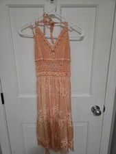 Guess Tulia Peach Floral Lace Crochet Embroidered V-Neck Midi Dress S