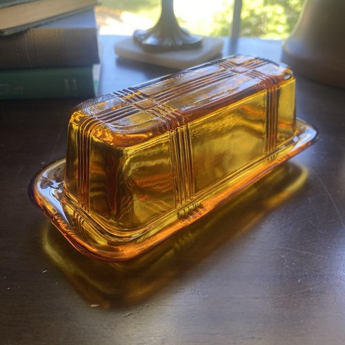 Vintage Hazel Atlas Criss Cross 1/4 LB Butter Dish Amber Glass Rare - Picture 5 of 5