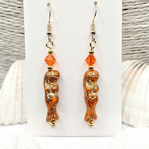 Orange Gold Mermaid Czech Glass Earrings Long Drop Scales Sea Witch Beach Boho - Picture 7 of 12