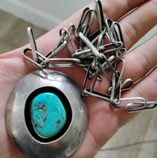 Vtg Hopi 2.5" Signed Sterling Silver Tribal shadowbox Turquoise Necklace Pendant