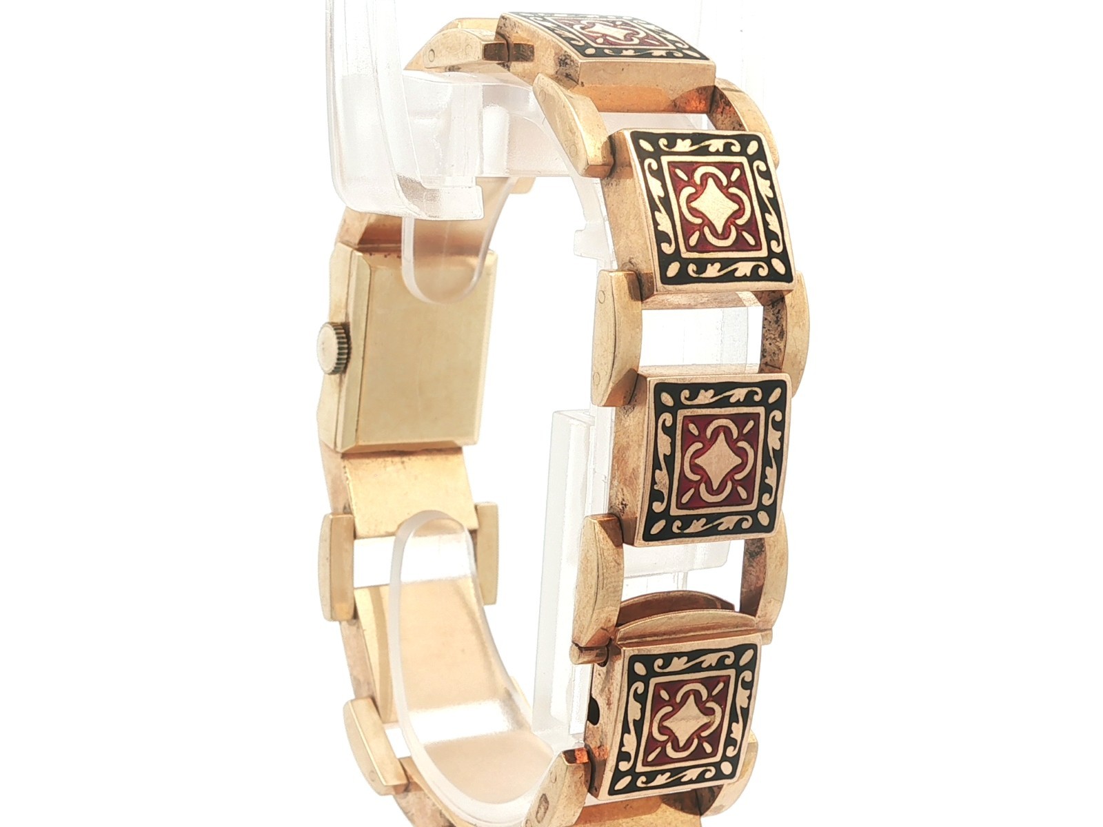 Vintage Retro Omega 14k Gold Black & Red Enamel Textured Wrist Watch Bracelet image 5