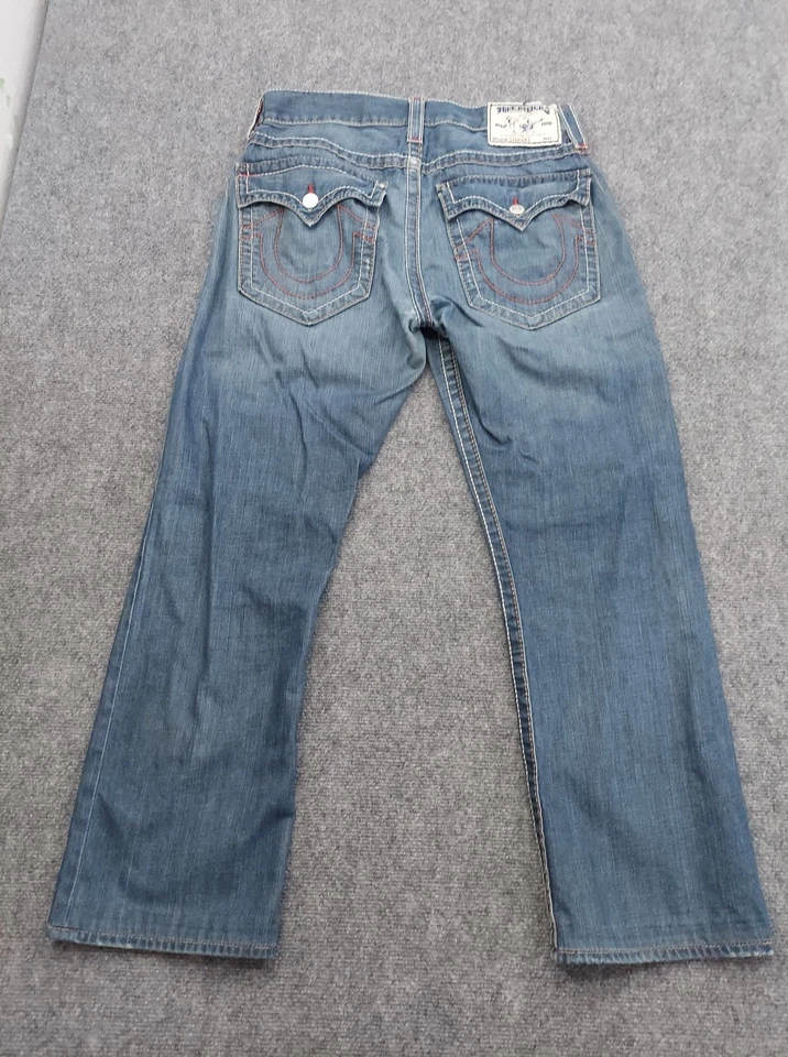 Pantalones de mezclilla True Religion para hombre 34 azules bolsillos rectos con solapa cosidos rojos logotipo de EE. UU. Foto 2 de 4