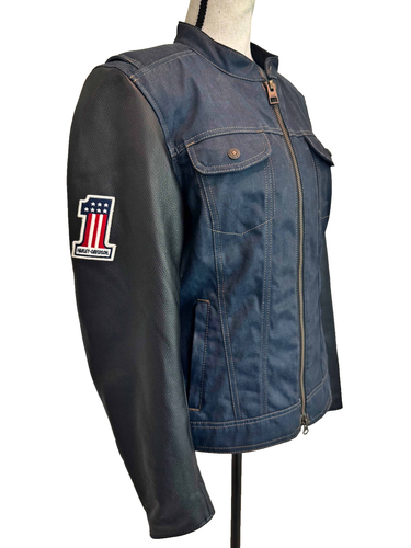 Harley Davidson Arterial Abrasion-Resistant Denim Leather Jacket Sz M USA Flag - Picture 3 of 16