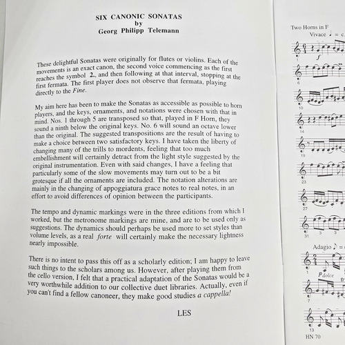 Telemann Six Canonic Sonatas Two French Horns Duet Sheet Music 1991 Vintage - Picture 2 of 11