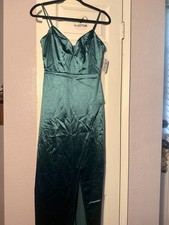 Windsor Women's Green Satin V-Neck Strappy Maxi Dress Long Side Slit open leg