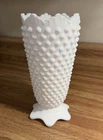 Vintage White Milk Glass Hobnail Vase, 7” Tall, Footed Vase, Ruffled Rim