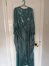 MİHR Istanbul Green Satin Belted Maxi Dress Size 12 Long Sleeve Round Neck