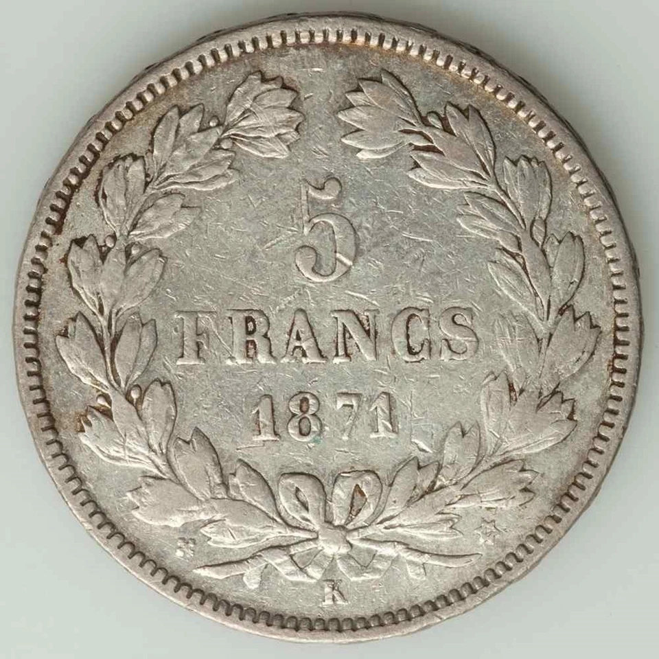 France Republic 1871 Silver 5 Francs Coin Laureate Woman's Bust Facing Left VF+ - Image 3 of 3