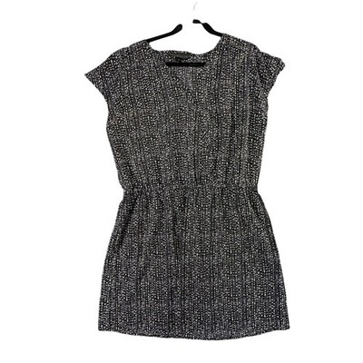 Attention Black White Dotted V-Neck Dress Womens M Elastic Waist Casual Chic