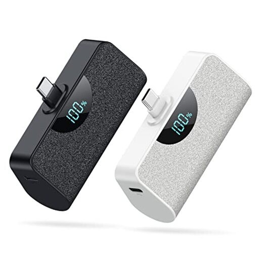 2 Pack Mini 5200mAh USB-C Power Bank with LCD Display in Black and White