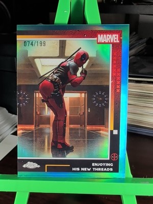 2025 Topps Chrome Deadpool Enjoying His New Threads Aqua #74/199 Printing Error 
