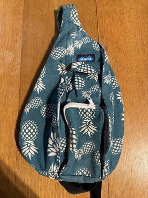 KAVU Rope Sling Bag Pineapple Print Teal Canvas Crossbody Backpack Outdoors