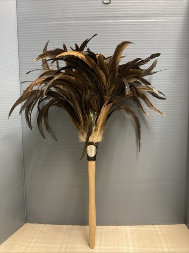 Vtg Feather Duster With Wooden Handle And Rooster Feathers