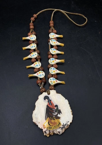 DE GRAZIA Mother Child Painted Squash Blossom Style Necklace Vintage