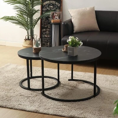Couchtisch Rund 2er Set aus Holz Wohnzimmertisch mit Metallgestell Schwarz B1054 - Bild 1 von 4