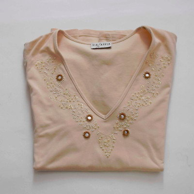 Via/Appia Strech T-Shit Crem mit Perlen und Paillette Gr.42 Top zustand 